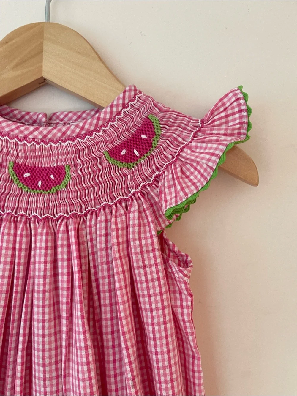 EUC Hand Smocked Vibrant Pink Gingham Watermelon Flutter Sleeve Bubble